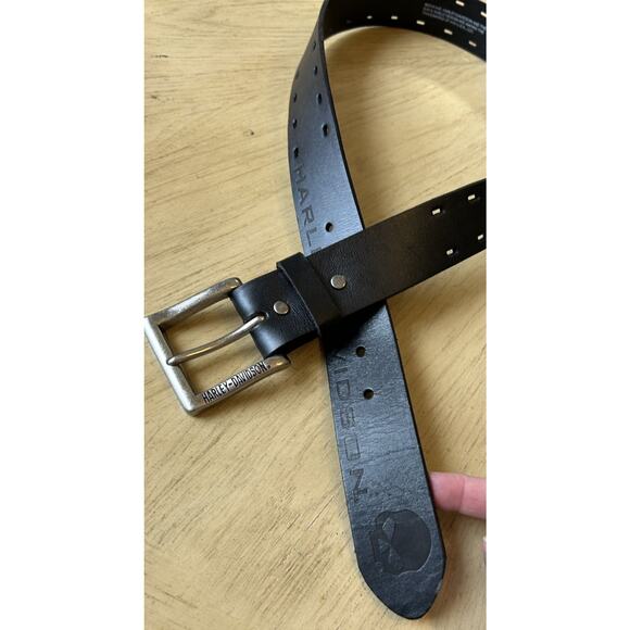 Harley Davidson Leather Belt Mens 34 Skull Hellbender Logo Double Prong Silver - Picture 1 of 11